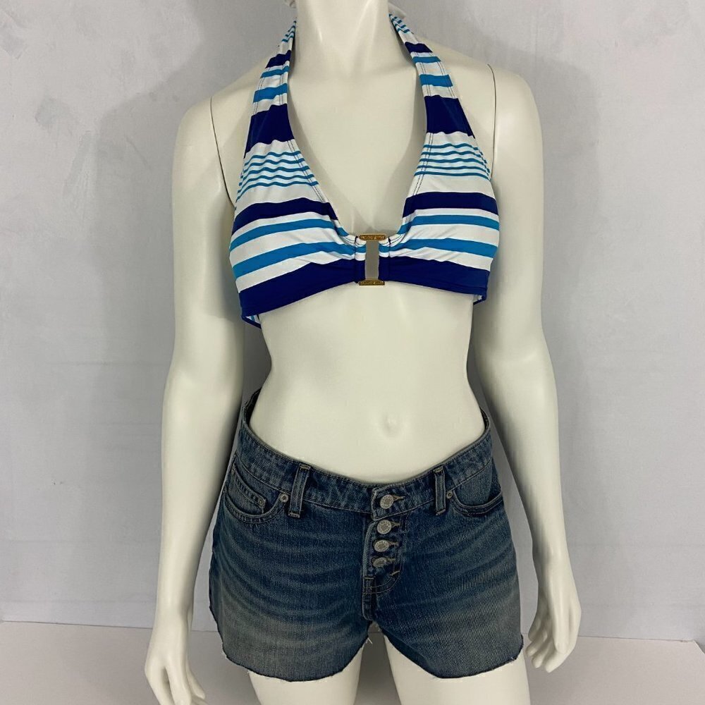 Ralph Lauren Striped Ring-Front Halter Bikini Top Blue & White Stripes Sz 14 NWT - Picture 3 of 9